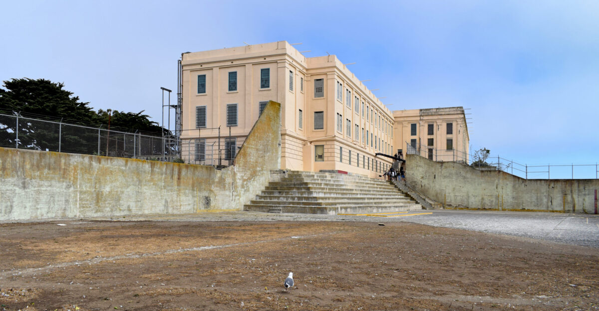 Recreation yard and dining hall building of the former Alcatraz prison in San Francisco California
