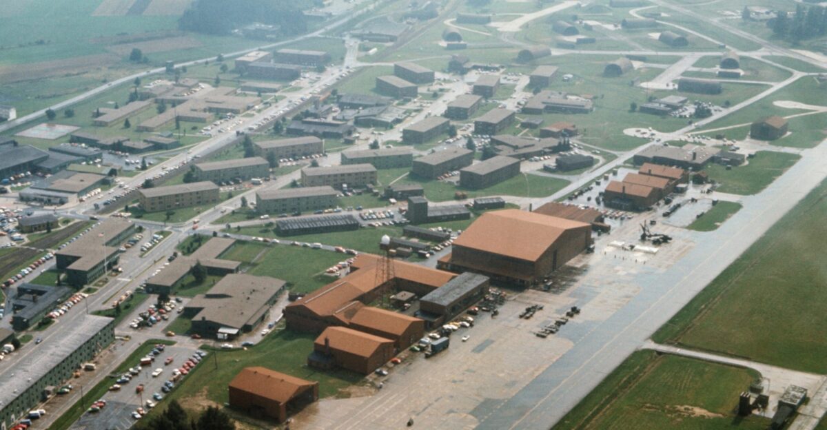 An aerial view the barracks of Hahn Air Base Germany prior to completion of Project Tonedown in which aircraft taxiways and runways were camouflaged according to U S Air Force Europe specifications on 9 September 1977