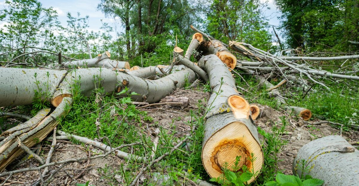 Chopped logs amidst forest clearing in Serbia highlighting deforestation impact