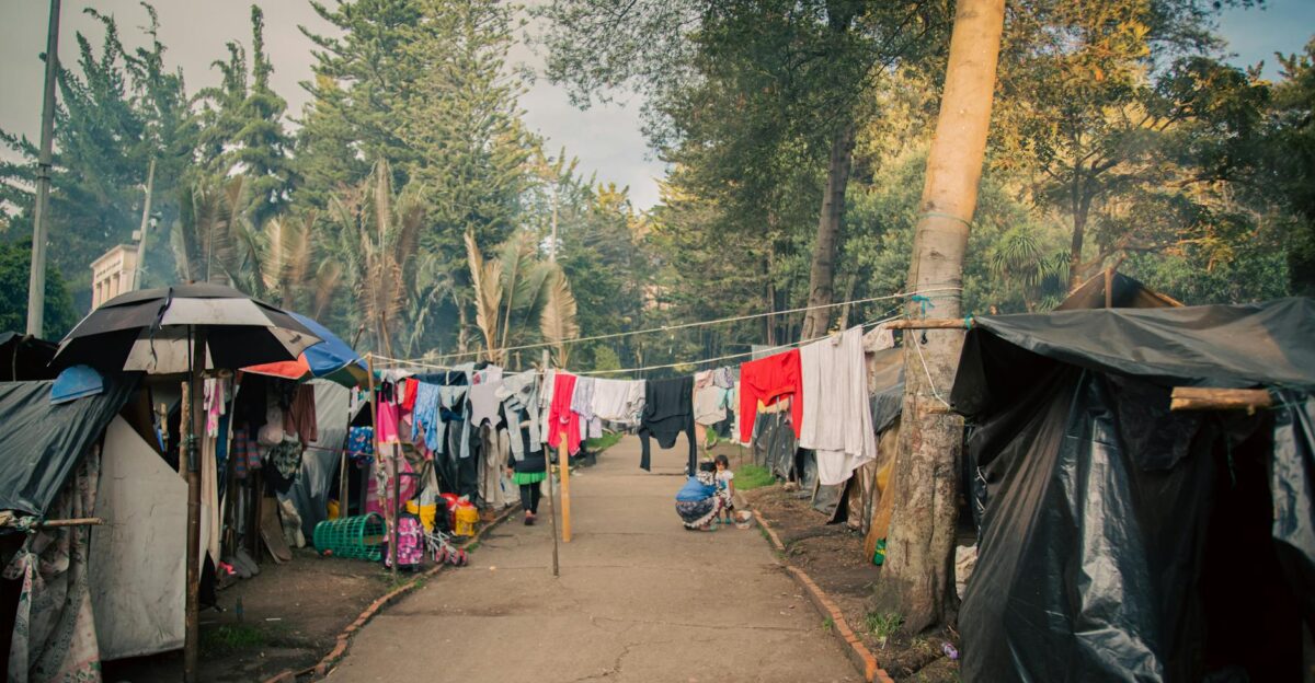 Colorful clothesline in a nomadic settlement in Bogota Colombia