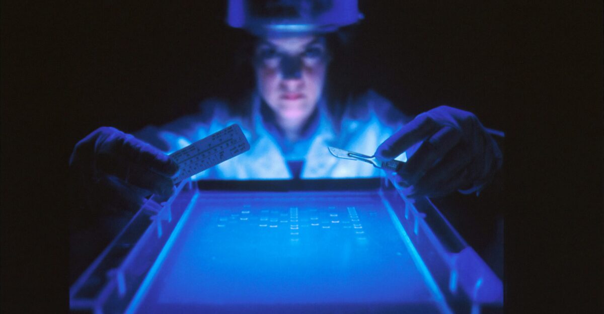 woman doing research while holding equipment