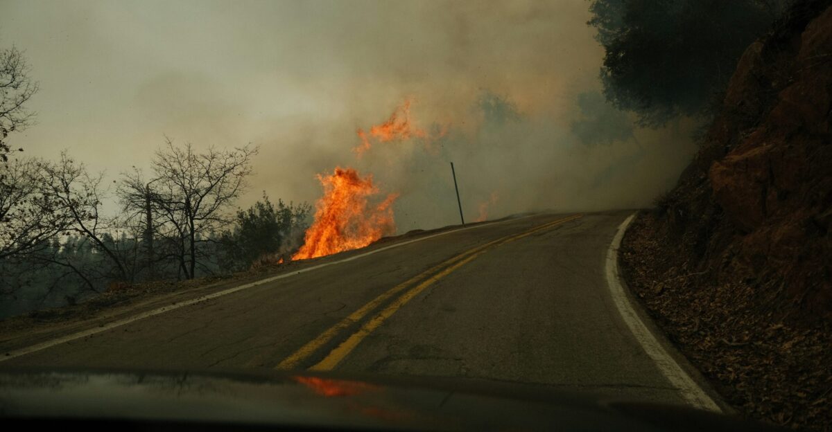 a fire is burning on the side of a road
